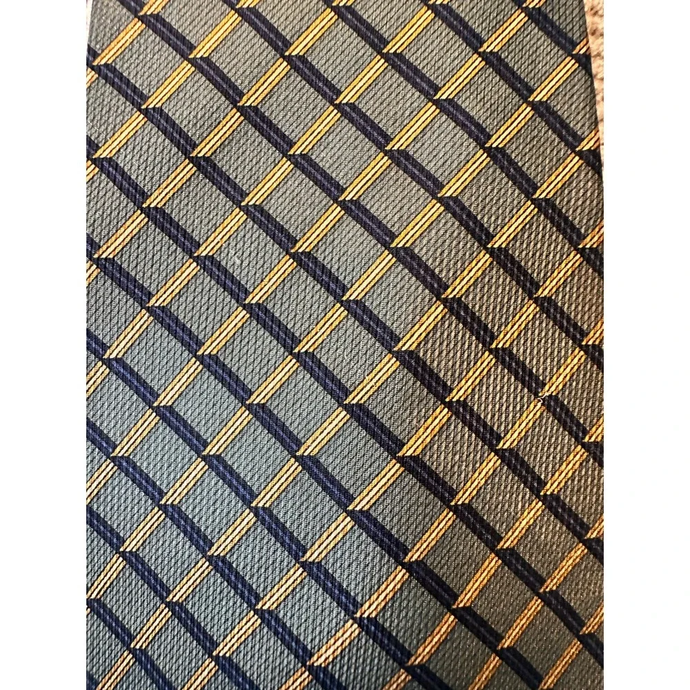 Nautica Mens Silk Tie Green Navy Gold Geometric Grid Pattern Professional Office